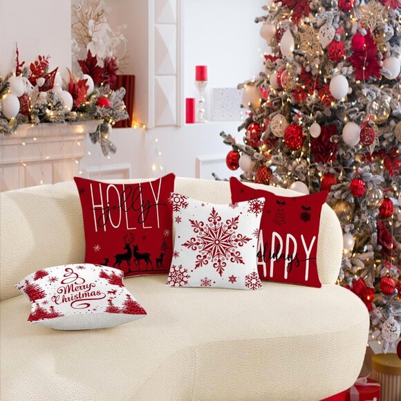 🆕 Christmas Pillow Covers Farmhouse Decorations Happy Holidays Holly Jolly Sofa - Picture 2 of 6